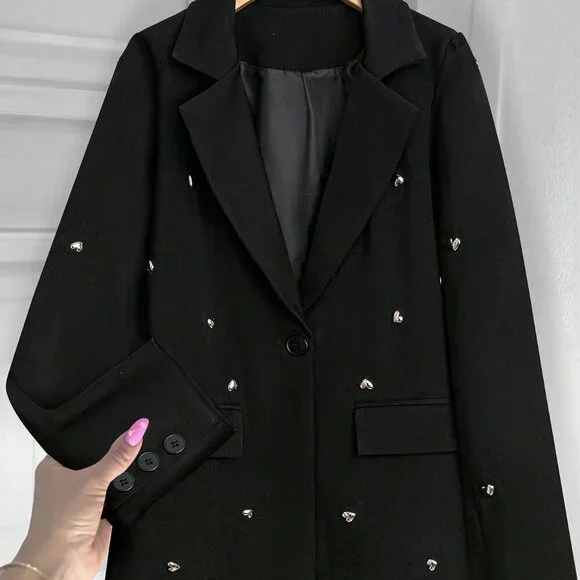 Black Elegant Women's Heart Decor Single Button Casual Long Sleeve Blazer - Picture 7 of 7